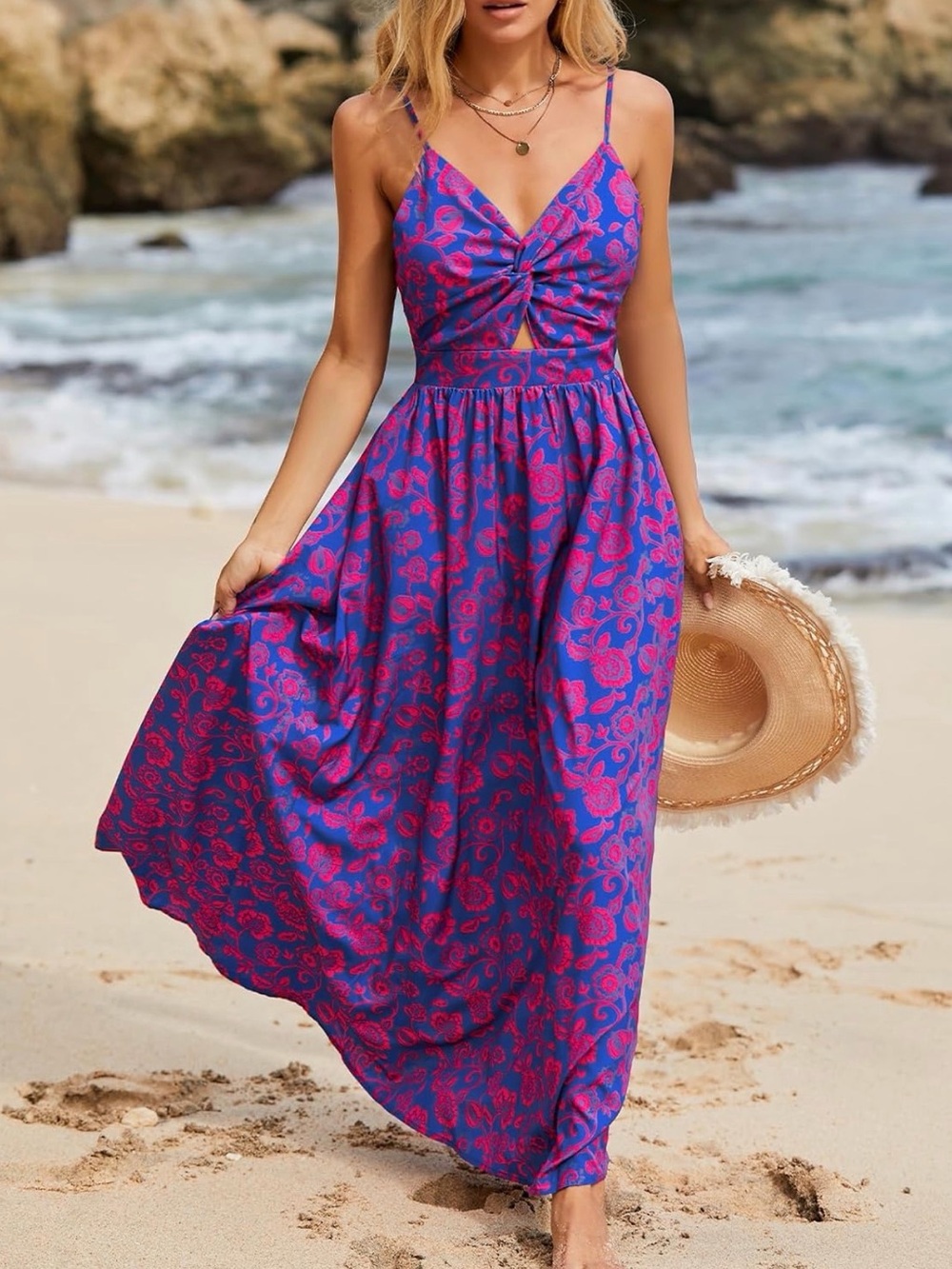 Cupshe Women’s Blue and Pink Floral Twist-Front Maxi Dress